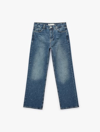 Taş Detaylı Yüksek Bel Düz Paça Denim Pantolon- Straight Jeans