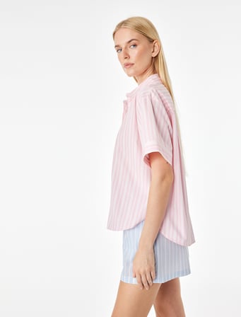 Rahat Kesim Kısa Kollu Gömlek Yaka Poplin Çizgili Pijama Üstü