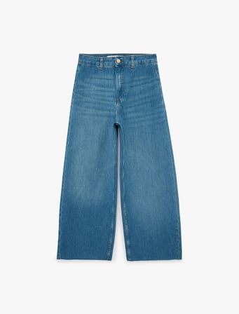 Pamuklu Yüksek Bel Bol Paça Denim Pantolon - Culotte Jeans