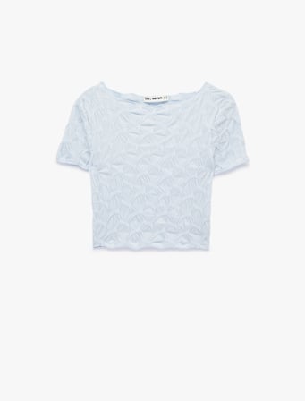 Bürümcük Kumaş Slim Fit Kısa Kollu Kayık Yaka Crop Tişört
