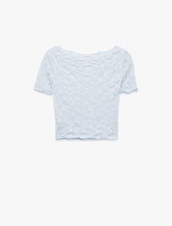 Bürümcük Kumaş Slim Fit Kısa Kollu Kayık Yaka Crop Tişört
