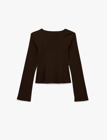 Pamuklu Uzun Kollu Kayık Yaka Slim Fit Peplum Tişört