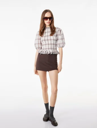 Slim Fit Kısa Balon Kollu Fırfırlı Yaka Ekose Bluz