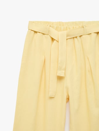 Beli Bağlamalı Keten ve Viskon Karışımlı Geniş Paça Pantolon