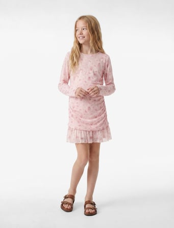 Drapeli Slim Fit Uzun Kollu Desenli Bisiklet Yaka Tül Elbise