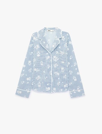 Pamuklu Cep Detaylı Uzun Kollu Çiçek Desenli Çizgili Pijama Üstü