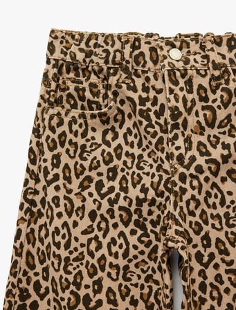 Pamuklu Loose Fit Beli Lastikli Geniş Paça Leopar Desenli Denim Pantolon
