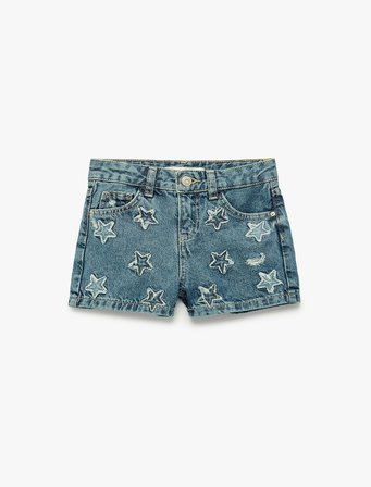 Pamuklu Cepli Yıldız Desenli Denim Şort