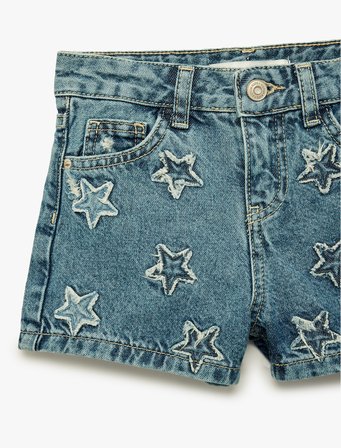 Pamuklu Cepli Yıldız Desenli Denim Şort