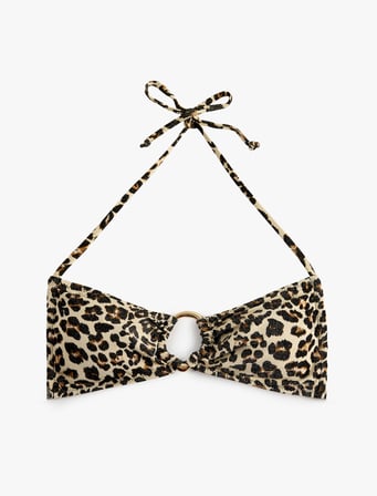 Boyundan Bağlamalı Halka Detaylı Leopar Desenli Bandeau Bikini Üstü