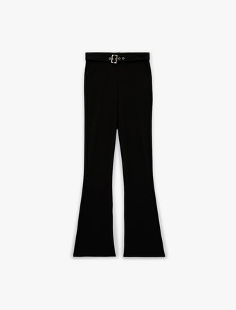 Slim Fit Kemerli Yüksek Bel İspanyol Paça Fitilli Kumaş Pantolon