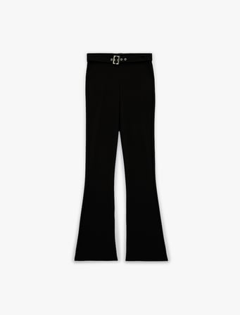 Slim Fit Kemerli Yüksek Bel İspanyol Paça Fitilli Kumaş Pantolon