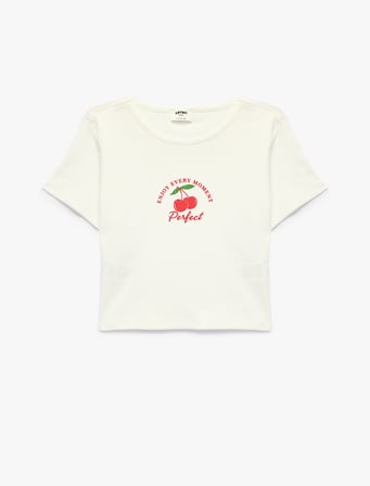 Kısa Kollu Slim Fit Bisiklet Yaka Pamuklu Baskılı Crop Tişört