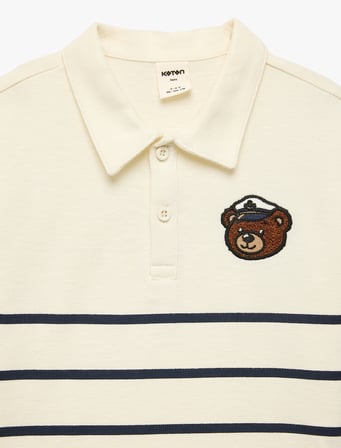 Ayıcık Detaylı Düğmeli Çizgili Kısa Kollu Pamuklu Oversize Polo Yaka Tişört