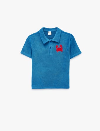 Yengeç İşlemeli Kısa Kollu Pamuklu Oversize Polo Yaka Tişört