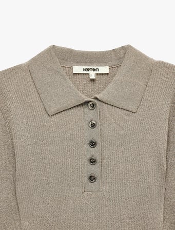 Uzun Kollu Yarım Düğmeli Simli Fit Polo Yaka Triko Kazak