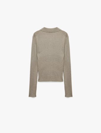Uzun Kollu Yarım Düğmeli Simli Fit Polo Yaka Triko Kazak