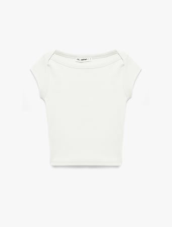 Slim Fit Kısa Kollu Kayık Yaka Kaşkorse Pamuklu Tişört