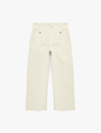 Yüksek Bel Pamuklu Cep Detaylı Geniş Kısa Paça Pantolon - Culotte Jeans