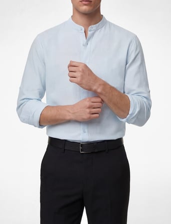 Regular Fit Uzun Kollu Düğmeli Hakim Yaka Keten Gömlek