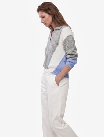 Renk Bloklu Düşük Omuz Uzun Kollu Polo Yaka Triko Oversize Kazak