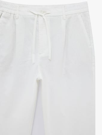 Regular Fit Beli Lastikli Düğmeli Düz Paça Keten Karışımlı Chino Pantolon