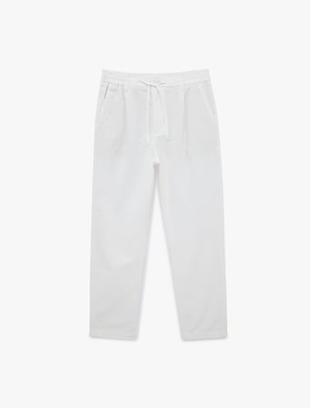 Regular Fit Beli Lastikli Düğmeli Düz Paça Keten Karışımlı Chino Pantolon