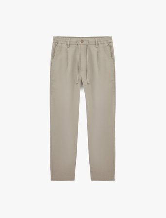Regular Fit Beli Lastikli Düğmeli Düz Paça Keten Karışımlı Chino Pantolon