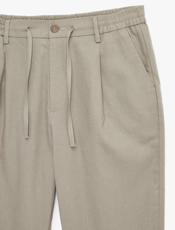 Regular Fit Beli Lastikli Düğmeli Düz Paça Keten Karışımlı Chino Pantolon