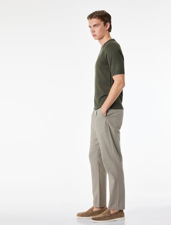 Regular Fit Beli Lastikli Düğmeli Düz Paça Keten Karışımlı Chino Pantolon