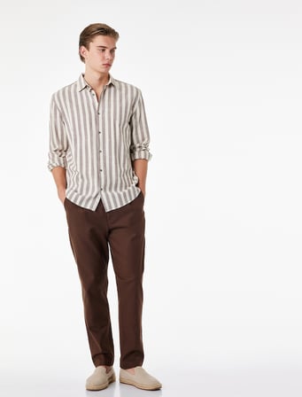 Regular Fit Beli Lastikli Düğmeli Düz Paça Keten Karışımlı Chino Pantolon
