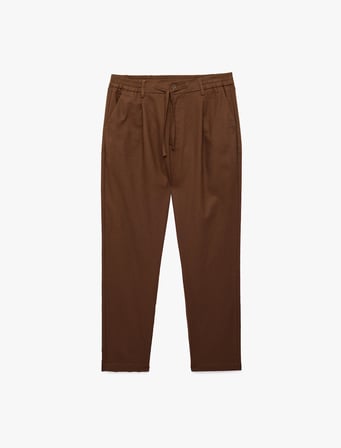 Regular Fit Beli Lastikli Düğmeli Düz Paça Keten Karışımlı Chino Pantolon