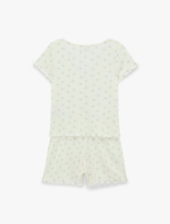 Düğmeli V Yaka Kısa Kollu Desenli Şortlu Pijama Takımı
