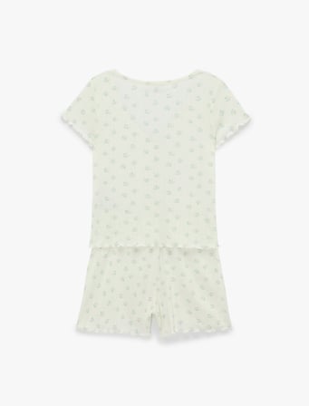 Düğmeli V Yaka Kısa Kollu Desenli Şortlu Pijama Takımı