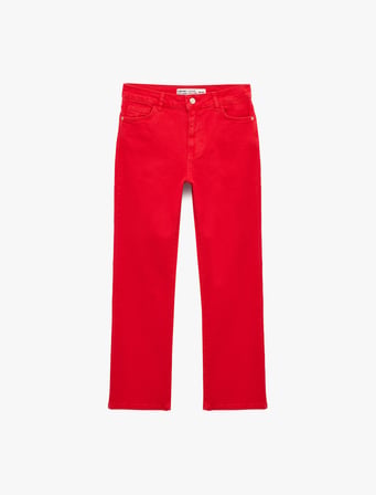 Normal Bel Dar Kalıp Pamuklu Düğmeli Kısa İspanyol Paça Pantolon -  Kick Flare Jeans