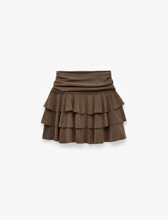 Slim Fit Normal Bel Drapeli Katlı Volanlı Viskon Karışımlı Mini Etek