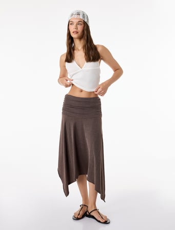 Viskon Karışımlı Drape Detaylı Asimetrik Midi Etek