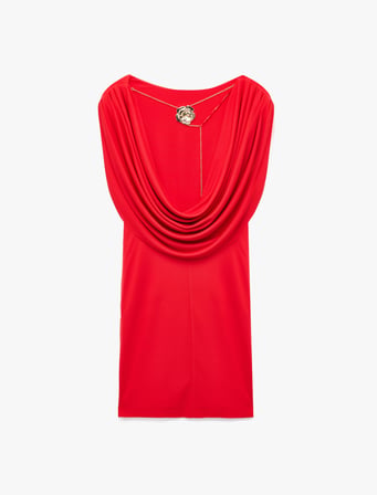 Metal Aksesuarlı Kolsuz Degaje Yaka Bodycon Mini Abiye Elbise