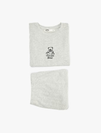Kısa Kollu Bisiklet Yaka Ayıcık Detaylı Şortlu Pijama Takımı