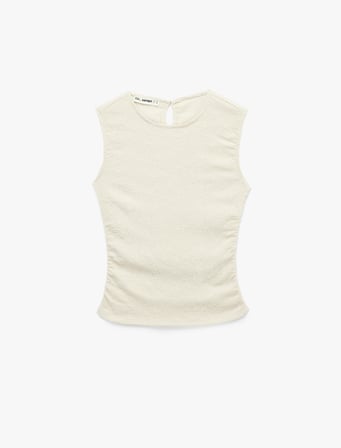 Slim Fit Brode Detaylı Kolsuz Bisiklet Yaka Drapeli Bluz