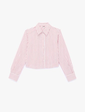 Uzun Kollu Çizgili Oversize Poplin Crop Gömlek