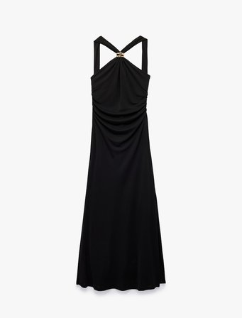 Slim Fit Metal Aksesuarlı Halter Yaka Kolsuz Uzun Abiye Elbise