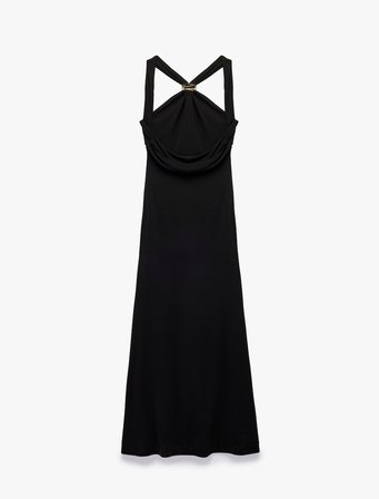 Slim Fit Metal Aksesuarlı Halter Yaka Kolsuz Uzun Abiye Elbise