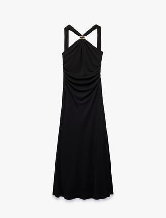 Slim Fit Metal Aksesuarlı Halter Yaka Kolsuz Uzun Abiye Elbise