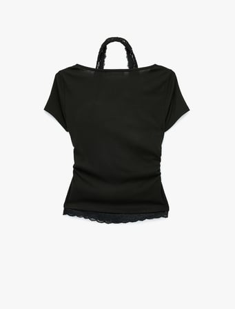 Slim Fit Kısa Kollu Dantel Detaylı Atletli İkili Kayık Yaka Tişört