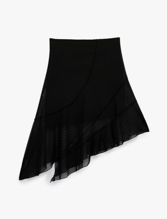 Asimetrik Slim Fit Tül Detaylı Midi Etek
