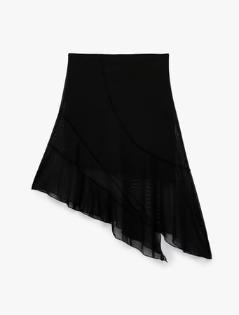 Asimetrik Slim Fit Tül Detaylı Midi Etek