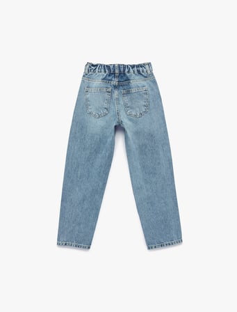 Beli Lastikli Düğmeli Rahat Kesim Denim Pantolon