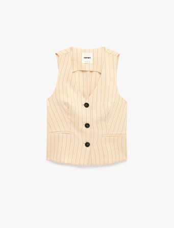 V Yaka Düğmeli Çizgili Blazer Yelek