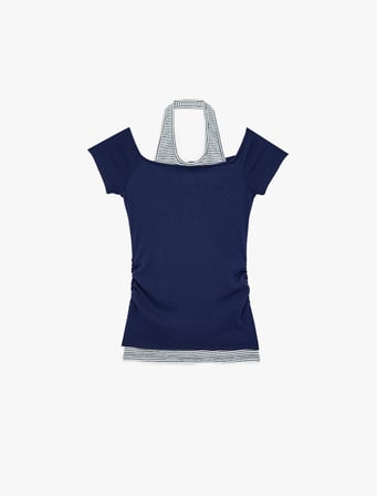 Slim Fit Atlet Detaylı Kısa Kollu Viskon Karışımlı Omzu Açık Tişört
